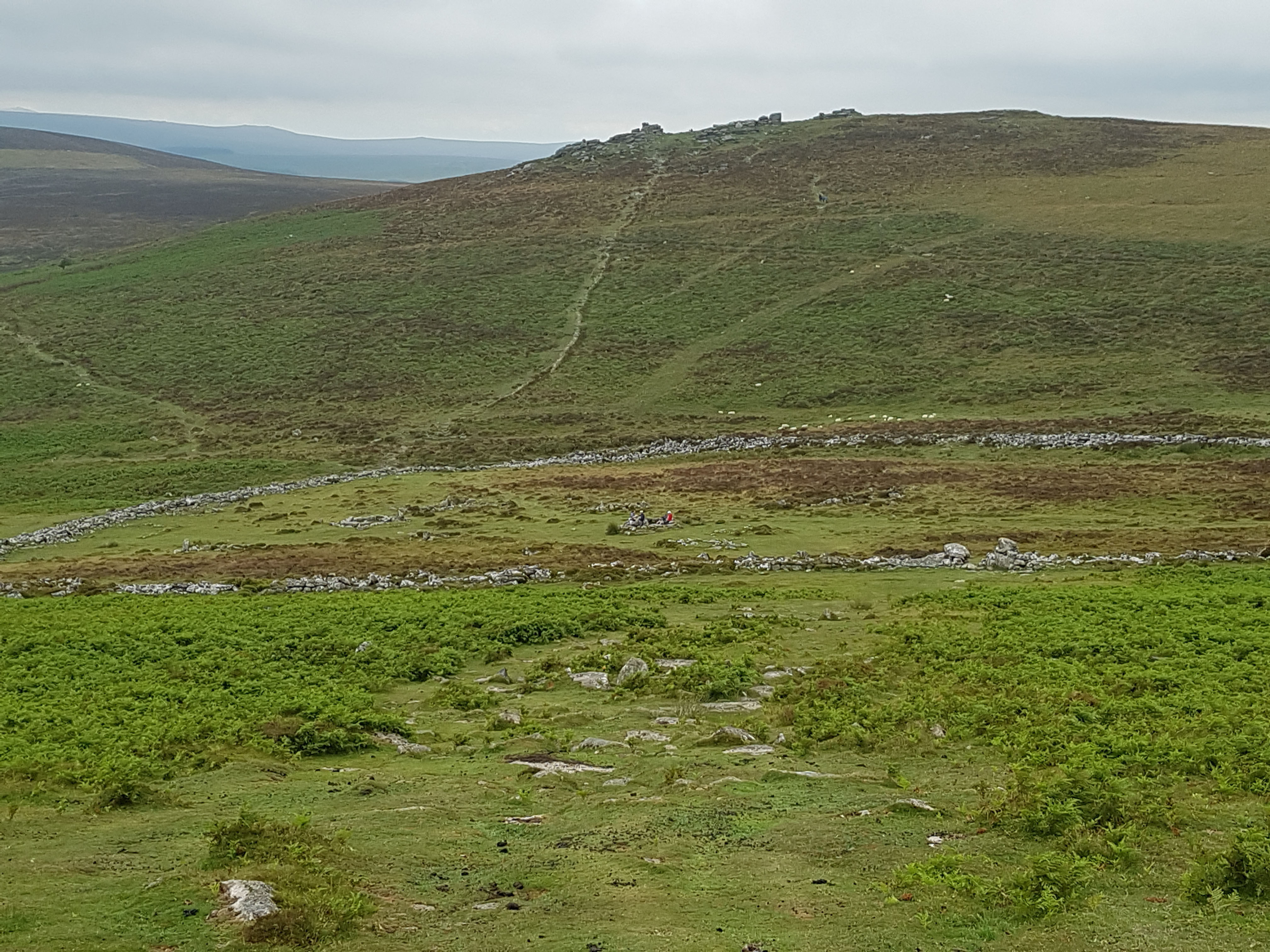 Dartmoor prehistoric settlement of Grimspound with tor behind