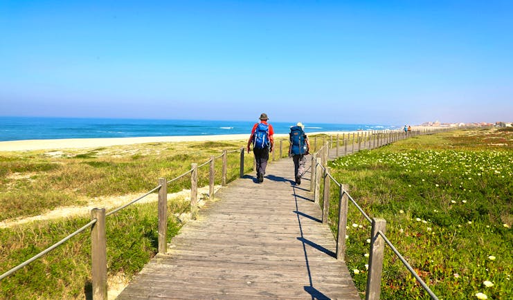 Two walkers on wooden walkway over sand dunes