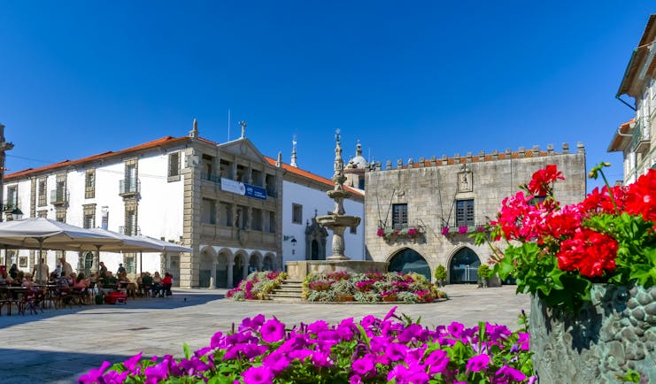 Low old buildings in town square with flowers