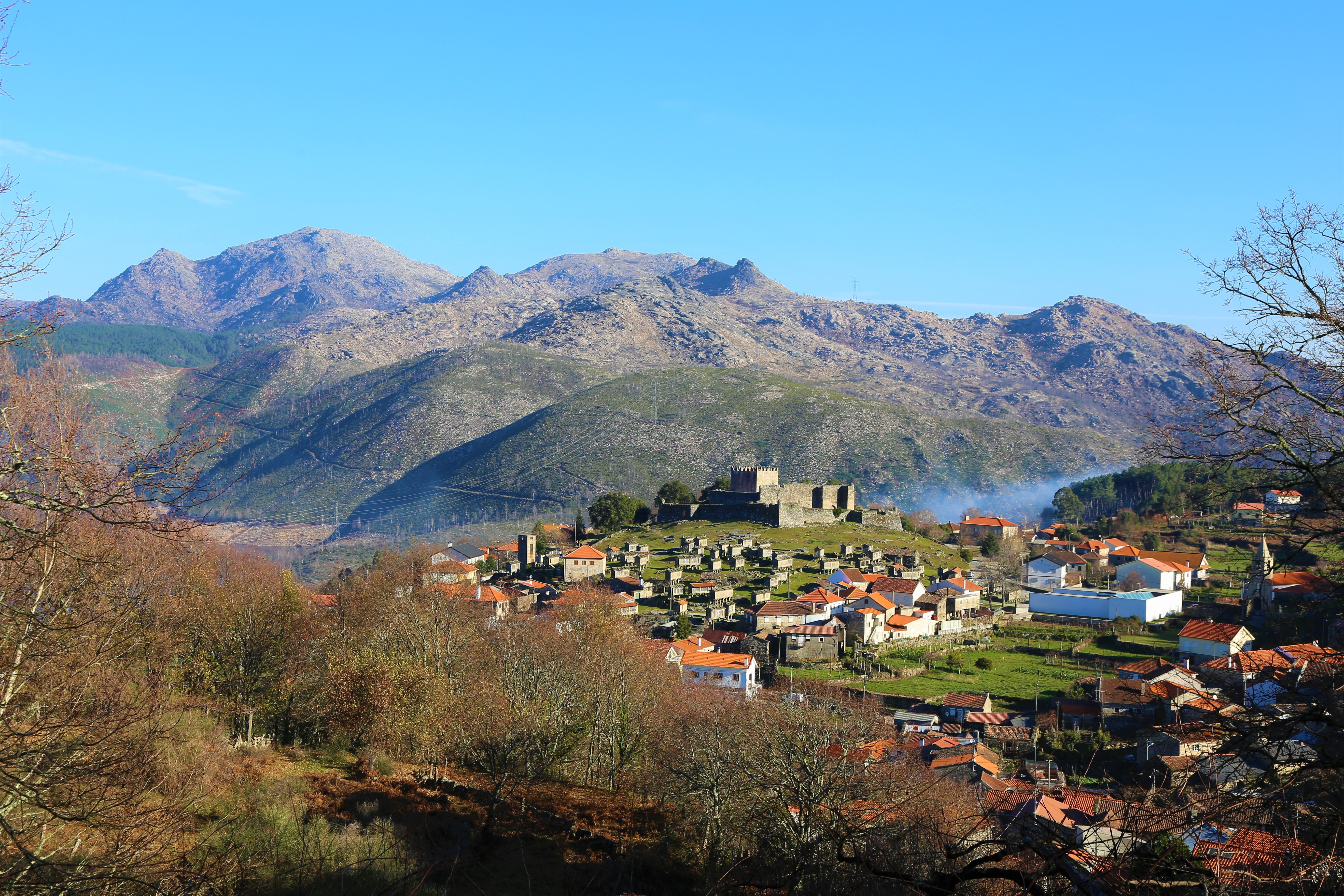Town with castle and mountains