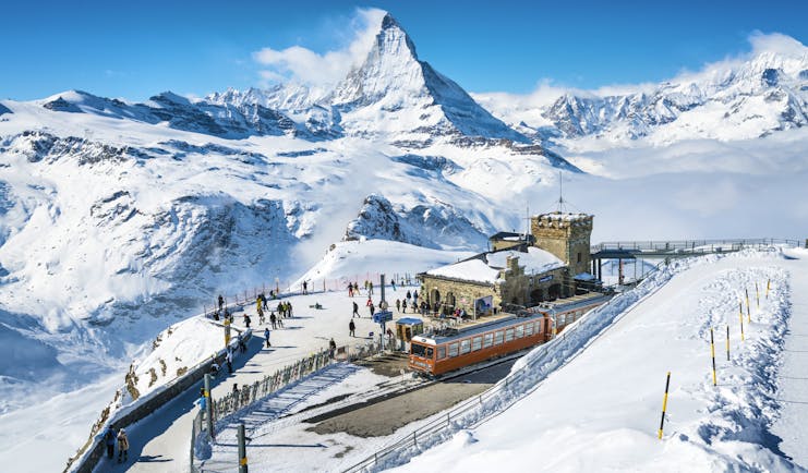Gornergrat railway summit with Matterhorn view in winter