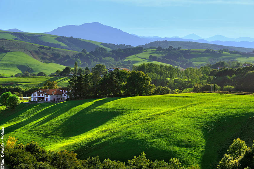 Green rolling fields with mountains in the distance in the French Basque country