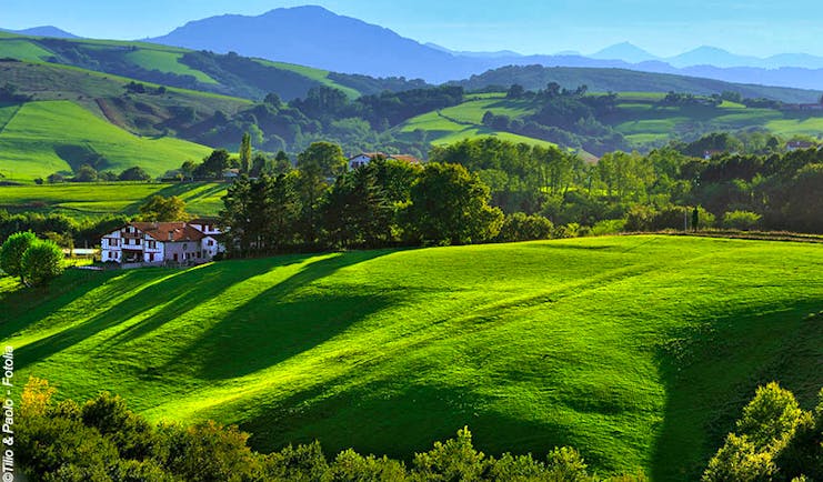 Green rolling fields with mountains in the distance in the French Basque country