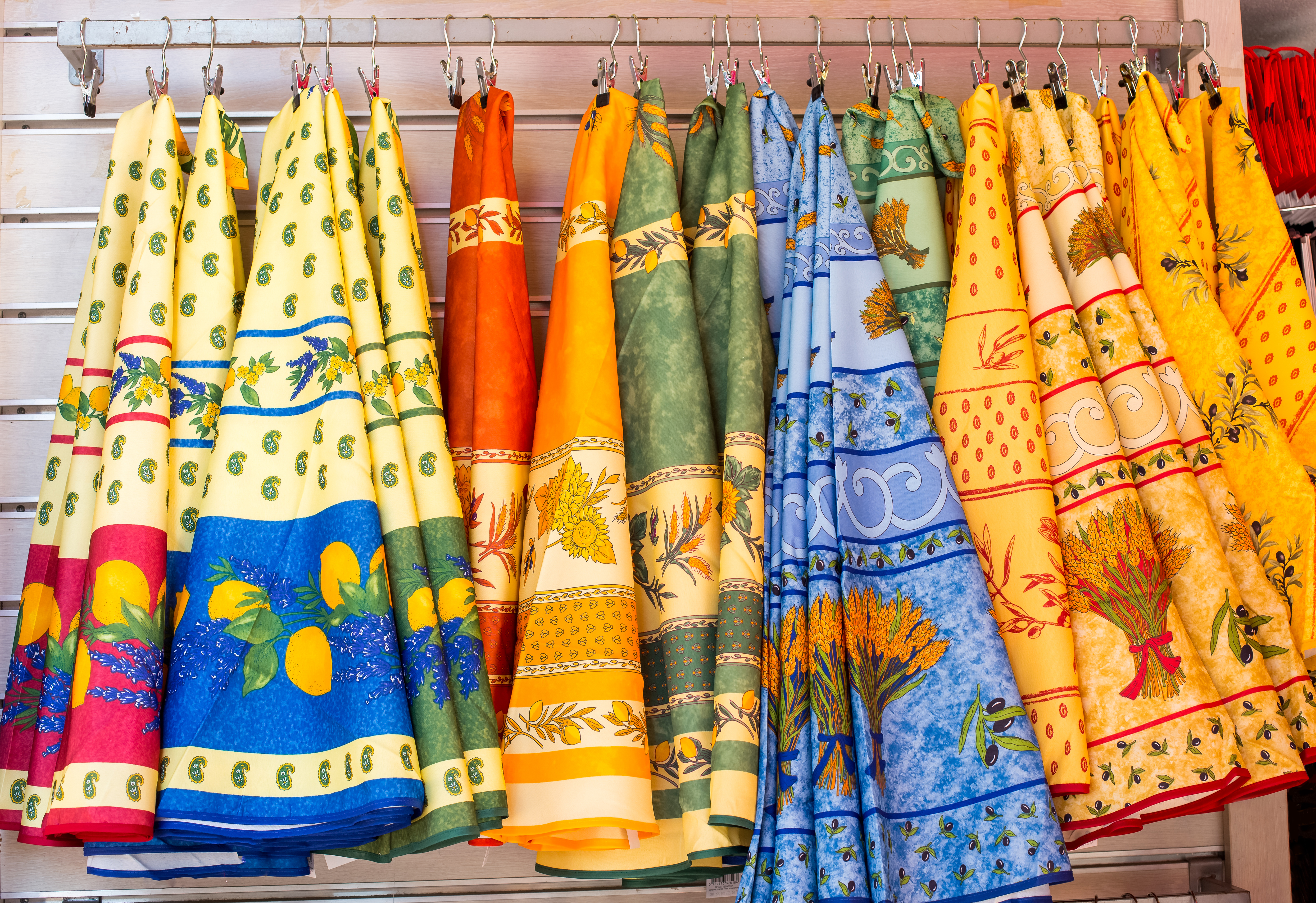 Multi coloured fabric tablecloths in Provence patterns