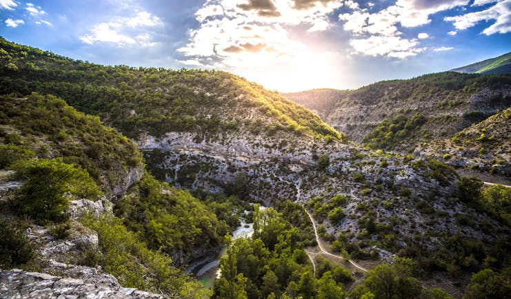 Gorges du Verdon rocky deep gorge with bright turquoise water and craggy cliffs
