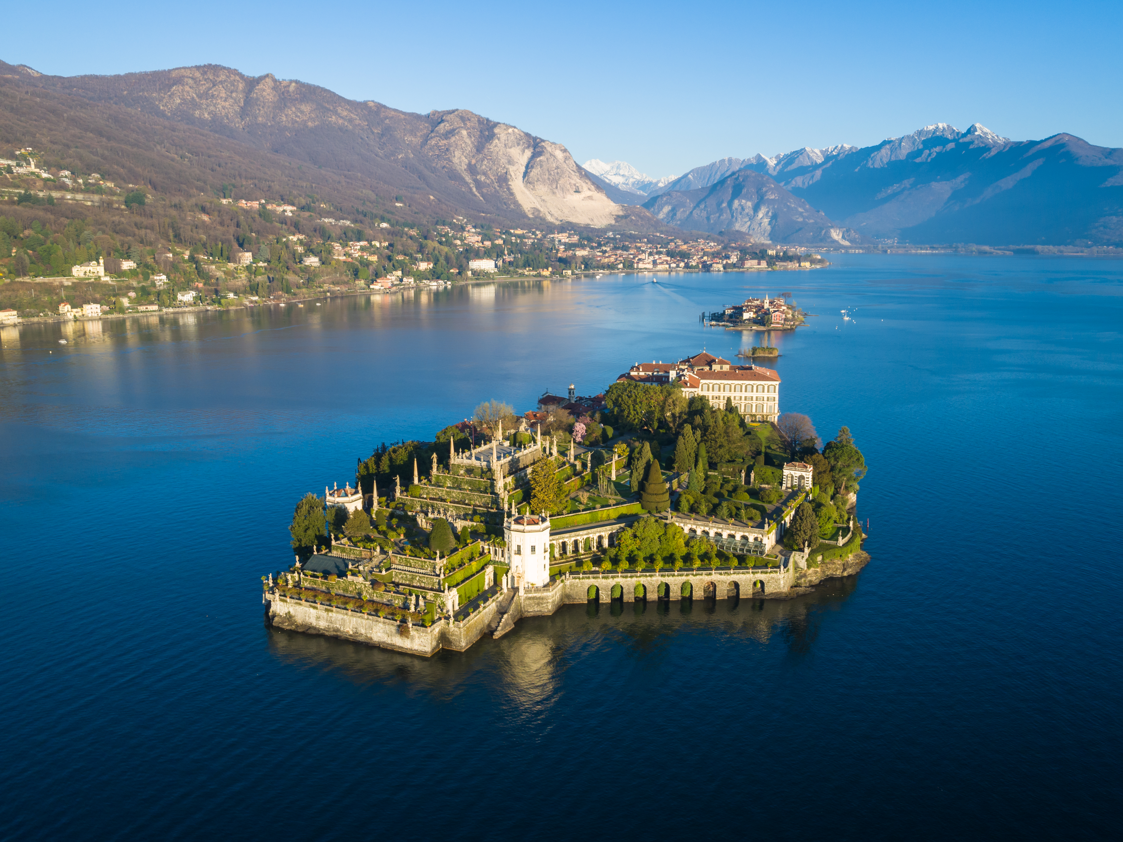 Island with terraced gardens in middle of lake Maggiore called Isola Bella