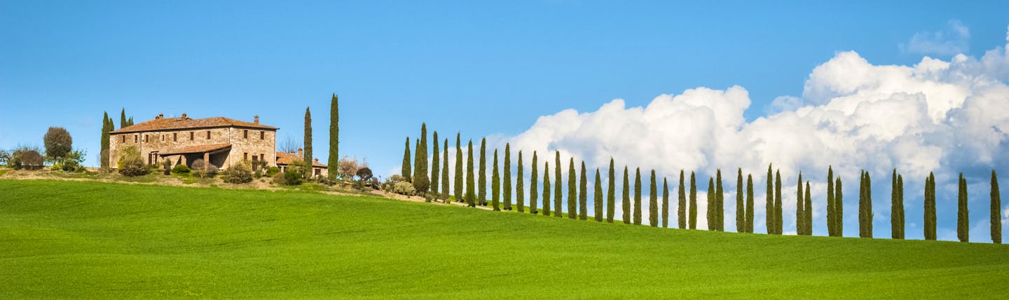 Green rolling hills and cypress trees of Tuscany
